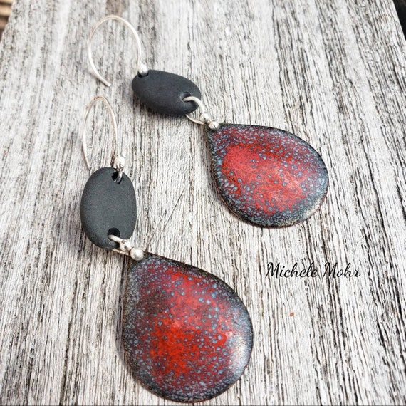 Elements Vitreous Crackle Enamel and Lake Michigan Pebble Fine Silver Earrings