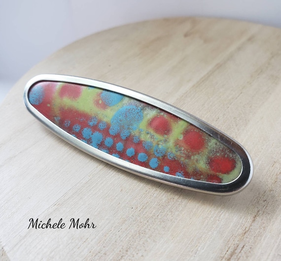 Abstract Vitreous Enamel Oval Oblong Brooch
