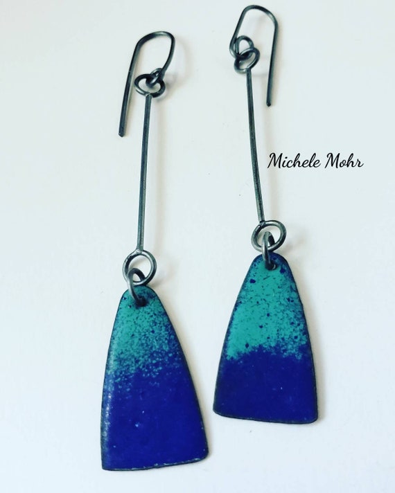 Seafoam Green an Peacock Blue Vitreous Enamel Earrings with Oxidized Sterling Silver Ear Wires