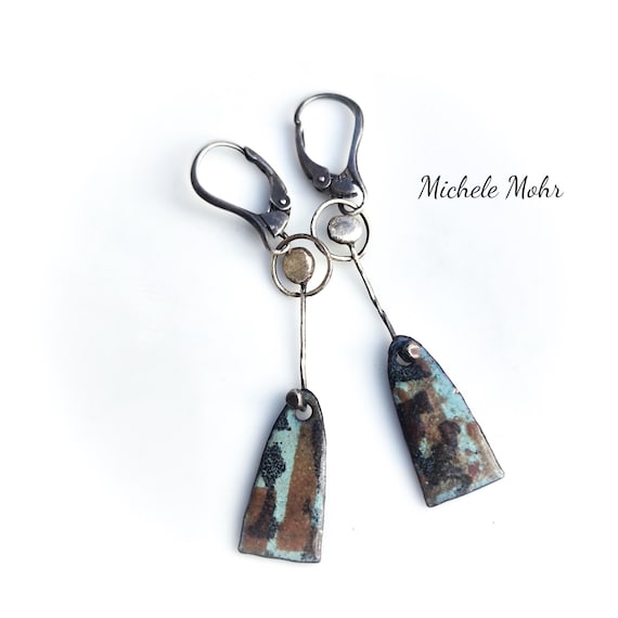 Kinetic Enamel Earrings: Fine Silver, Sterling Silver, Oxidized Wire - Among the Trees
