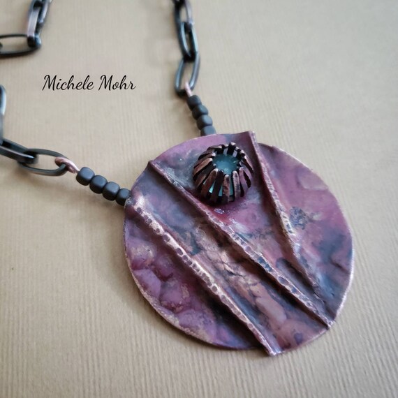 Foldformed Copper and Moonstone and Hematite Pendant Necklace