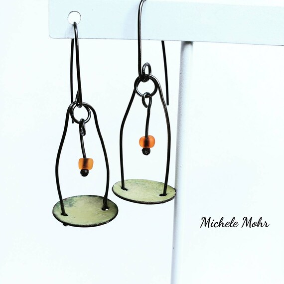 Kinetic Pendulum Oxidized Sterling Silver and Bitter Green Vitreous Enamel Earrings