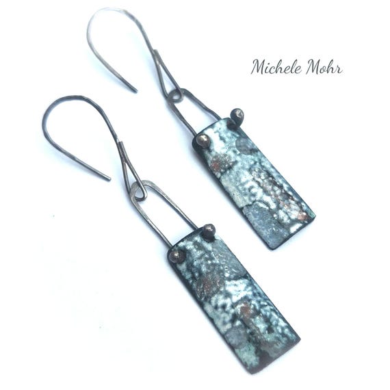 Peaceful Walk Enameled Copper and Sterling Silver Bar Earrings