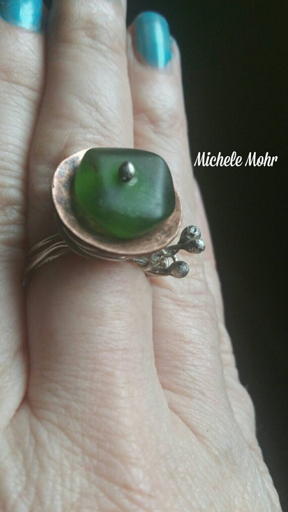 Field of Poppies Mixed metal copper and Argentium silver ring with recycled glass Size 7