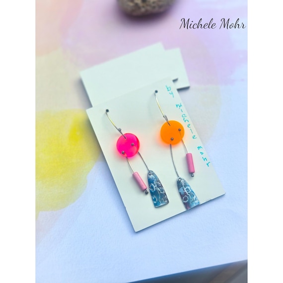 Living the Life in Neon Lights Enameled Copper, Plexiglass, and Sterling Silver Earrings