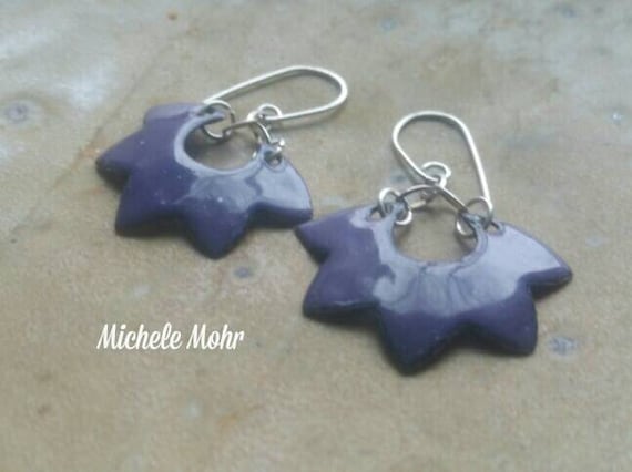 SALE - Grape Purple Enamel and Sterling Silver Lotus Earrings