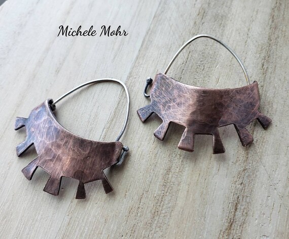 Here Comes the Sun Hammered Copper Hoops with Sterling Silvee Ear Wires