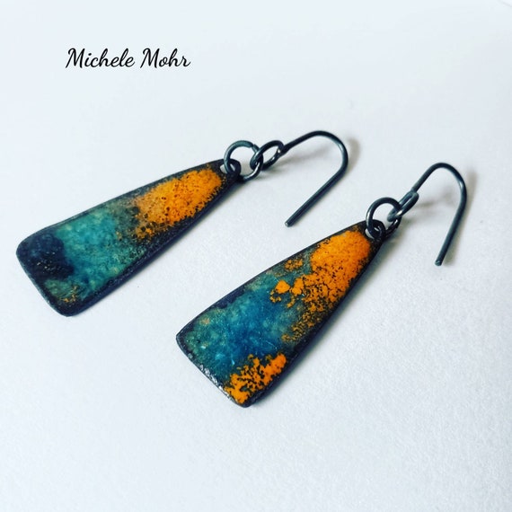 SALE Twighlight Vitreous Enamel and Oxidized Sterling Silver Earrings