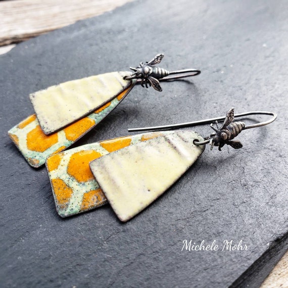 Bee Hive Vitreous Enamel and Sterling Silver Earrings