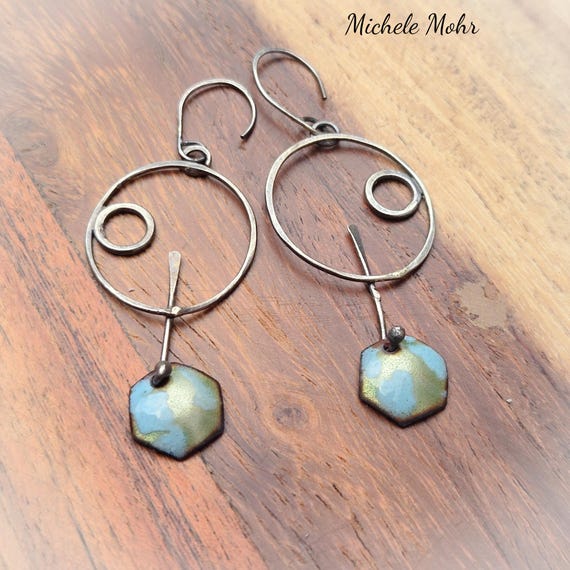 Around the World Vitreous Enamel and Forged Sterling Silver Circles Earrings with Sterling Silver Ear Wires