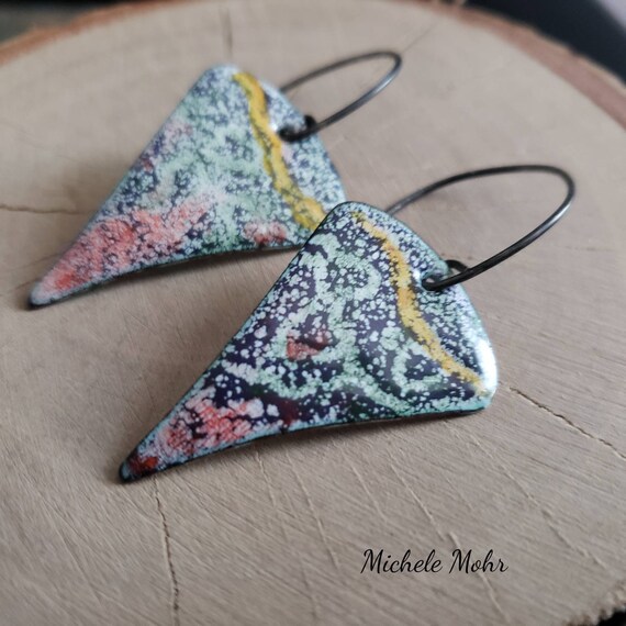 Sgrafitto Hand Painted Enamel and Sterling Silver Earrings