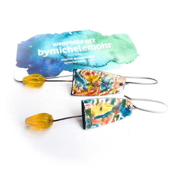 Bright and Breezy Abstract Vitreous Enamel Steel and Glass Flower Earrings with Niobium Ear Wires