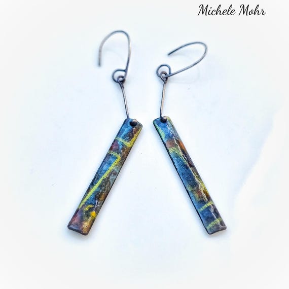 Hello Gorgeous Vitreous Enamel and Sterling Silver Bar Earrings with Sterling Silver Ear Wires