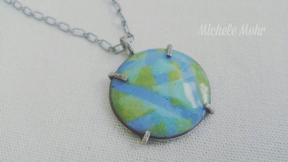 Serene Blue and Green Kiln Fired Enamel Pendant/Necklace