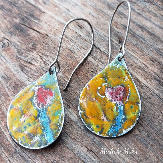 In the Garden Abstract Vitreous Enamel Steel Earrings with Niobium Ear Wires