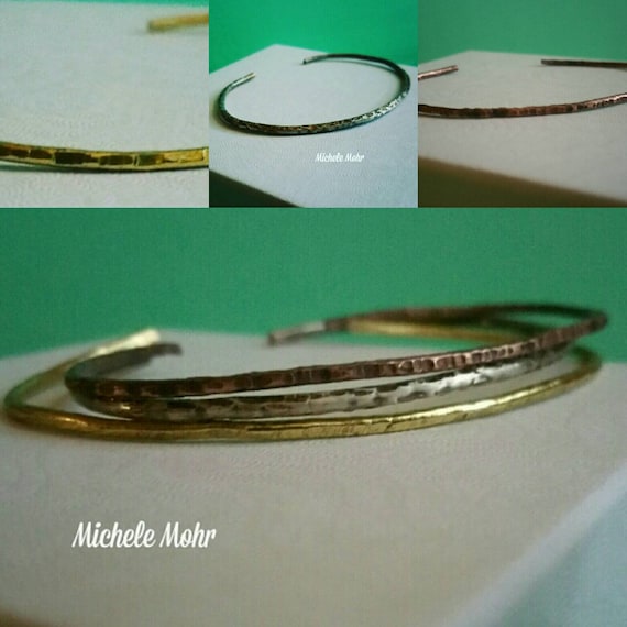Hammered Skinny Mixed Metal Cuff Bracelets. .925 Sterling Silver, Brass, Copper, Stackable, Stacking Bracelets