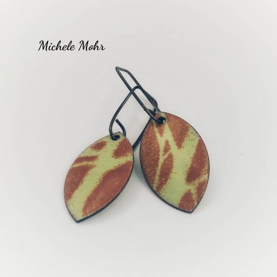 Matte Leaf Enamel Earrings - Glass fused to copper. Oxized sterling silver earrings. Artisan jewelry.
