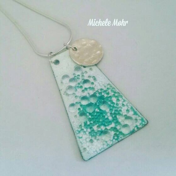 By the Sea Kiln-fired Vitreous Enamel Pendant on 20" Adjustable Sterling Silver Chain. White and Aqua.