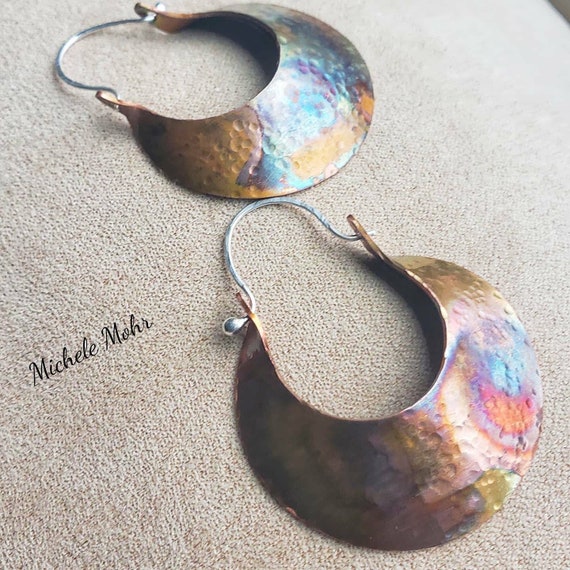 Flame Painted Hammered Copper Crescent Earrings with Fine Silver Ear Wires