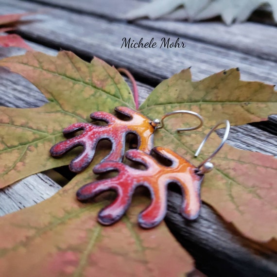 Autumn Leaf Vitreous Enamel and Fine Silver Earrings