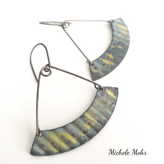 Urban Landscape Vitreous Enamel and Oxidized Sterling Silver Pendulum Earrings