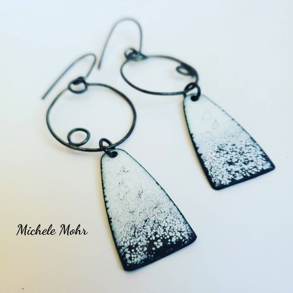 Titanium White and Slate Gray Enamel and Oxidized Sterling Silver Earrings