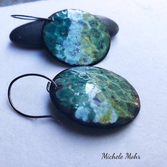 Moon Glow Vitreous Enamel and Oxidized Sterling Silver Large Disc Earrings