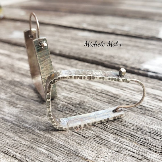 Rectangular Hammered Hoop Sterling Silver Earrings with Fine Silver Ear Wires.