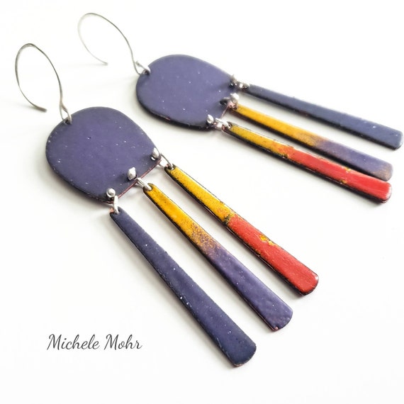 Find Your Happy Place Vitreous Enamel and Fine Silver Kinetic 3.5" Chandelier Earrings