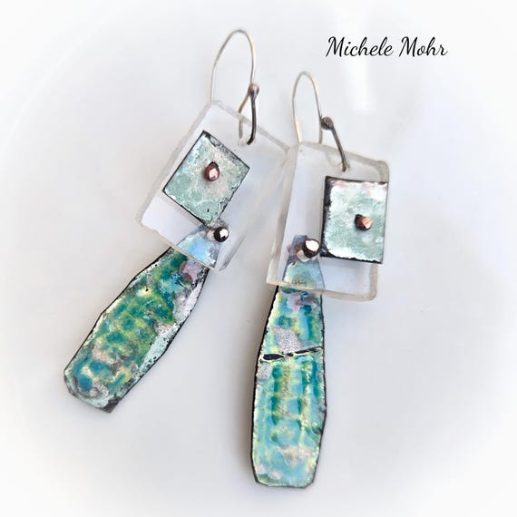Wabi Sabi Asymmetrical Enameled Steel Hand Sawn and Polisheed Pexiglass Earrings with Sterling Silver Ear Wires