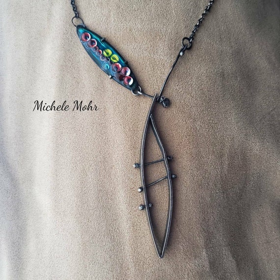 Hand Fabricated Abstract Leaf Sterling Silver and Vitreous Enamel Statement Necklace.