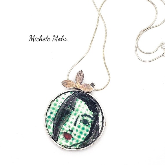 In the Garden Vitreous Enamel Steel, Fine and Sterling Silver Pendant on Adjustable Sterling Silver 20" Chain