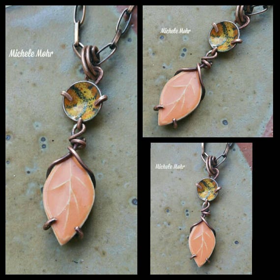 Summer Sunset Boho Ceramic Leaf and Enameled Copper Adjustable Necklce