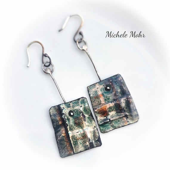 Foldformed Corrugated Vitreous Enamel and Sterling Siver Dangle Earrings: An Evening Walk in the Forest