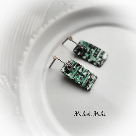Foldformed Enamel Earrings, Corrugated Sterling Silver Posts, Ripples