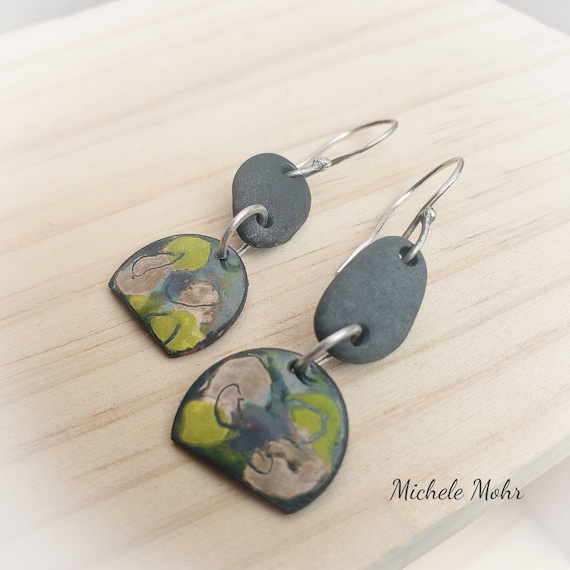 Around the World Earthy Vitreous Enamel Lake Michigan Pebble and Sterling Silver Earrings