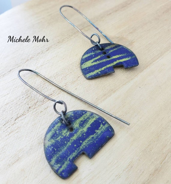 Grape and Bitter Green Enamel and Sterling Silver 2 sided Earrings