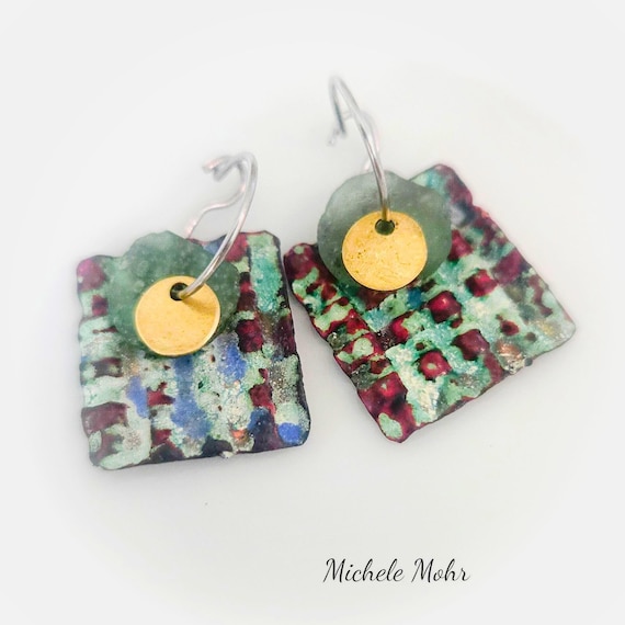 Handmade Vitreous Enamel Earrings, Green Roman Glass, Stainless Steel Hoops