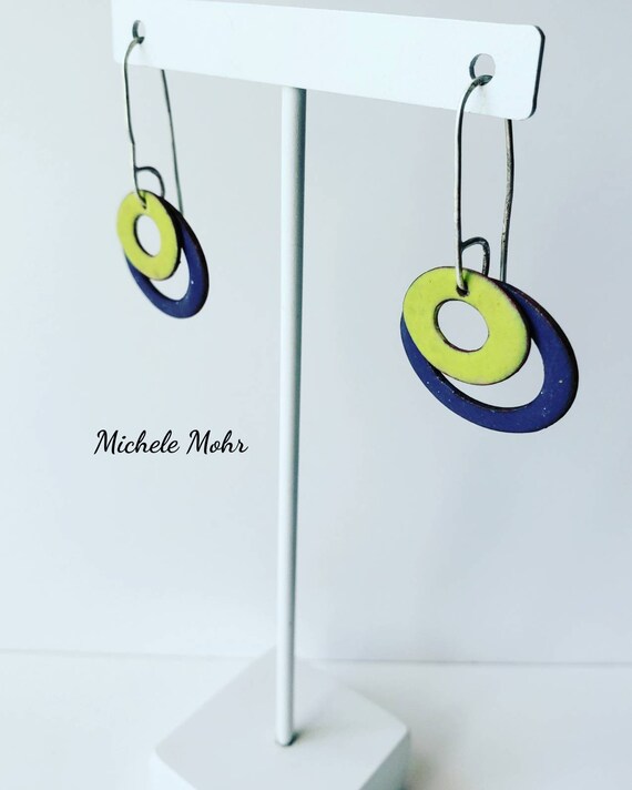 Grape Purple and Bitter Green Vitreous Enamel and Sterling Silver Earrings