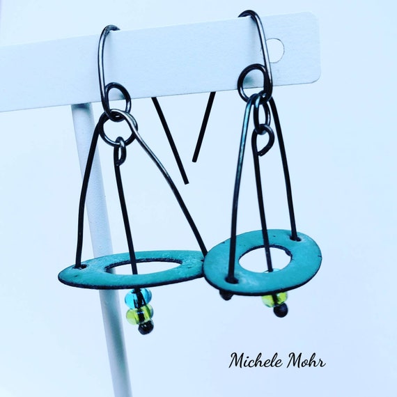 Seafoam Vitreous Enamel Kinetic Sterling Silver Earrings