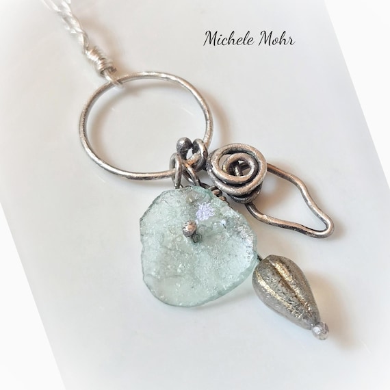 Hand Forged Sterling Silver Leaf Necklace: Roman Glass and Czech Glass Charm