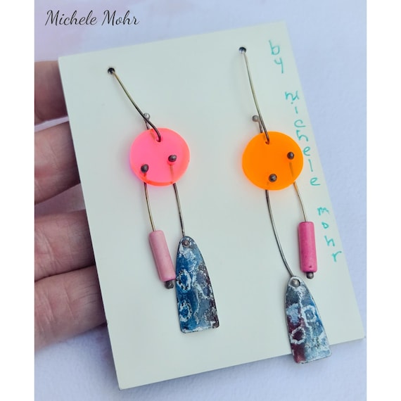 Living the Life in Neon Lights Enameled Copper, Plexiglass, and Sterling Silver Earrings
