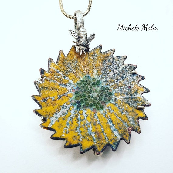 Bee Happy Flower Vitreous Enamel and Sterling Silver Pendant on Adjustable 20" Chain Necklace