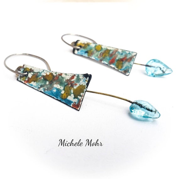 Abstract Hand Painted Vitreous Enameled Steel and Glass Earrings with Hypoallergenic Niobium Ear Wires