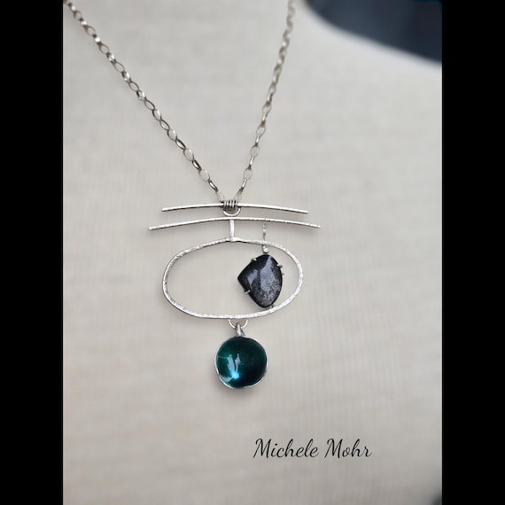 Zen Near the Water Vitreous Enamel Fine Silver and Silver Obsidian and Sterling Silver Necklace