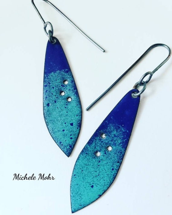 Seafoam Green and Peacock Blue Teardrop Vitreous Enamel Earrings with Oxidized Sterling Silver Ear Wires