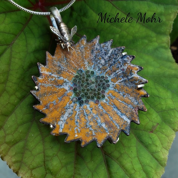 Bee Happy Flower Vitreous Enamel and Sterling Silver Pendant on Adjustable 20" Chain Necklace