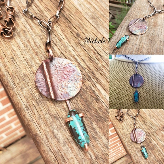 Warrior Hand Forged and Foldformed Copper and Turquoise Lariat 20" Necklace