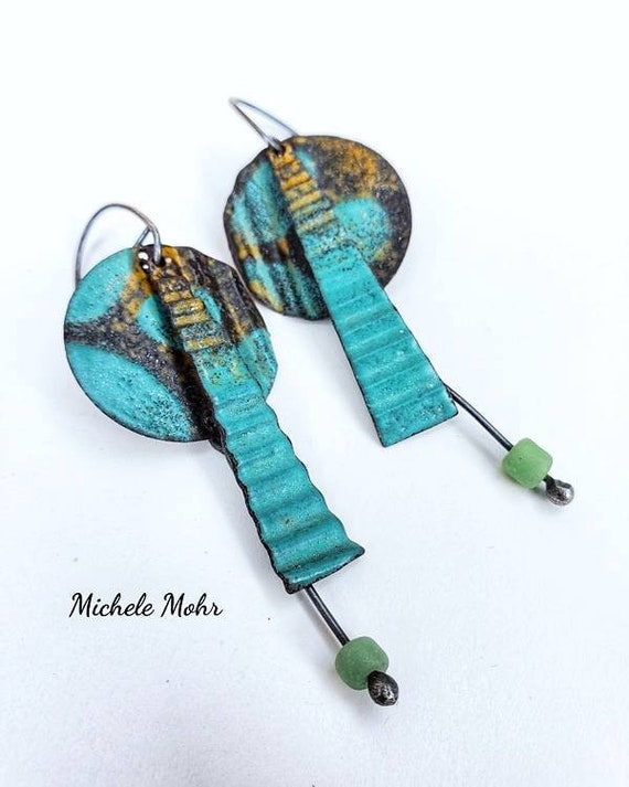 California Dreaming Corrupt Vitreous Enamel Earrings with Oxidized Sterling Silver Ear Wires