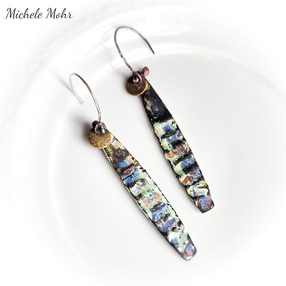 Urban Landscape Corrugated Riveted Vitreous Enamel and Sterling Siver Earrings